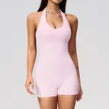 Falling Blossom Pink Women's Yoga Performance Bodysuit V Neck Backless Fitted