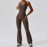 Coffee Brown Women's Flared Yoga Performance Bodysuit Tummy Control Fitted