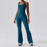 Deep Sea Blue Women's Flared Yoga Performance Bodysuit Tummy Control Fitted