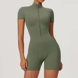 YJ8294-5 · Army Green Army Green Women's Fitted Yoga Workout Performance Bodysuit Short Sleeve