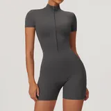 Free Grey Women's Fitted Yoga Workout Performance Bodysuit Short Sleeve
