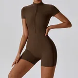 Coffee Brown Women's Fitted Yoga Workout Performance Bodysuit Short Sleeve
