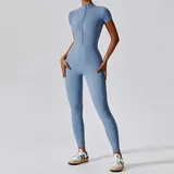Haze Blue Women's Yoga Active Performance Bodysuit Short Sleeve Fitted