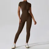 YJ8305-4 · Coffee Brown Coffee Brown Women's Yoga Active Performance Bodysuit Short Sleeve Fitted