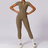 Camel Brown Women's Yoga Active Performance Bodysuit Short Sleeve Fitted