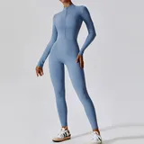 Haze Blue Women's Yoga Workout Performance Bodysuit Long Sleeve Fitted