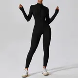 Jet Black Women's Yoga Workout Performance Bodysuit Long Sleeve Fitted