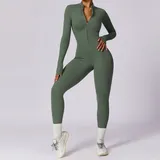 Turquoise Green Women's Yoga Workout Performance Bodysuit Long Sleeve Fitted