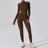 Coffee Brown Women's Yoga Workout Performance Bodysuit Long Sleeve Fitted
