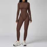 YJ9326-3 · Chocolate Brown Chocolate Brown Fitness Yoga Women's Workout Performance Bodysuit Color Block