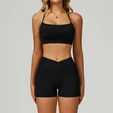 YS2030-2 · Jet Black Jet Black Women's Backless Cutout Yoga Set Bare Feel Fitted