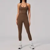 YS2557-4 · Jujube Brown Jujube Brown Women's Seamless Workout Fitness Yoga Activewear Set Backless