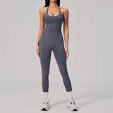 Blue Grey Women's Seamless Workout Fitness Yoga Activewear Set Backless
