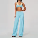 Sky Blue & Yellow Women's High Waist Yoga Set Long Sleeve Brushed