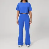 Cloisonne Blue Women's Backless Fitted Fitness Yoga Activewear Set Flared