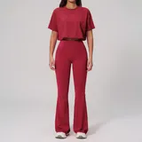 Cherry Red Women's Backless Fitted Fitness Yoga Activewear Set Flared