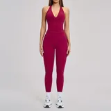 YS4201-2 · Raspberry Red Raspberry Red Women's Brushed Yoga Set Halter Neck Backless Fitted