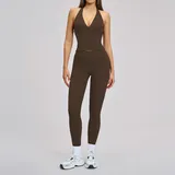 Espresso Black Women's Brushed Yoga Set Halter Neck Backless Fitted