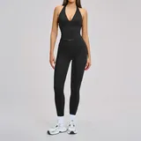 Jet Black Women's Brushed Yoga Set Halter Neck Backless Fitted