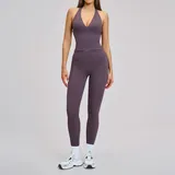 Eggplant Purple Women's Brushed Yoga Set Halter Neck Backless Fitted