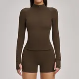 Espresso Black Women's Brushed Fitness Yoga Activewear Set Zip Up