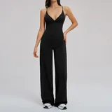 Jet Black Women's Running Active Yoga Set Wide Leg Backless