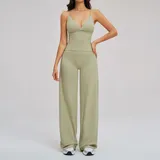 Moss Green Women's Running Active Yoga Set Wide Leg Backless