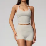 Pearl Grey Women's Backless Fitness Yoga Activewear Set High Waist