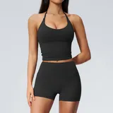 Jet Black Women's Backless Fitness Yoga Activewear Set High Waist