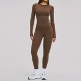 Chocolate Brown Women's Brushed Fitted Yoga Activewear Set Long Sleeve