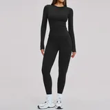 Jet Black Women's Brushed Fitted Yoga Activewear Set Long Sleeve