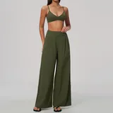 Olive Green Women's Breathable Running Yoga Set V Neck Fitted