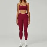 Cherry Red Women's Backless Cutout Yoga Set Bare Feel Fitted Long Pants