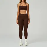 Coffee Women's Backless Cutout Yoga Set Bare Feel Fitted Long Pants