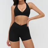 Jet Black Women's Bra Shorts Yoga Set