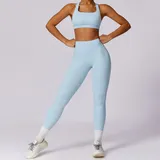 Sky Blue Women's Backless Slimming Yoga Set Bra Long Pants