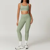 豆绿色 Women's Backless Slimming Yoga Set Bra Long Pants