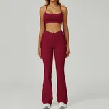 Cherry Red Women's Backless Cutout Yoga Set Bare Feel Fitted Flared Pants