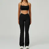Jet Black Women's Backless Cutout Yoga Set Bare Feel Fitted Flared Pants