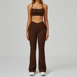 Coffee Women's Backless Cutout Yoga Set Bare Feel Fitted Flared Pants