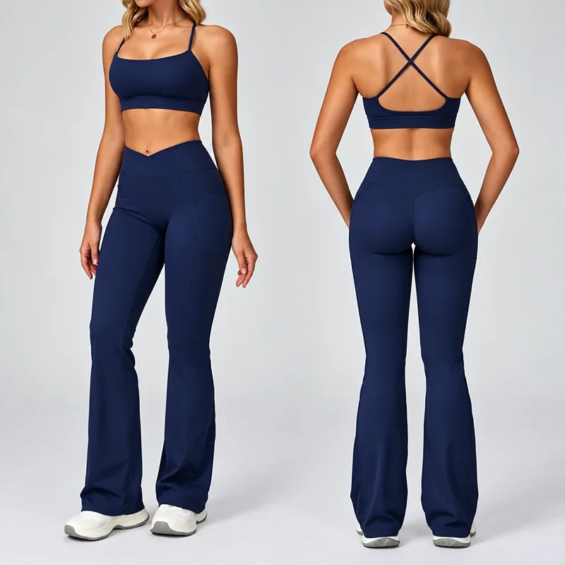 Women's Backless Cutout Yoga Set Bare Feel Fitted Flared Pants