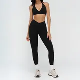 Jet Black Women's Bra Shorts Yoga Set Long Pants
