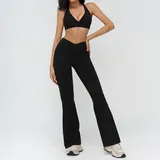Jet Black Women's Bra Shorts Yoga Set Flared Pants