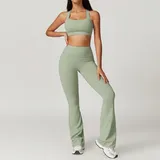 豆绿色 Women's Backless Slimming Yoga Set Bra Flared Pants