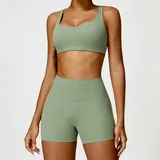 Basil Green Women's Bra Long Pants Yoga Set Shorts