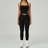 Jet Black Women's Backless Cutout Yoga Tank Set Bare Feel Fitted Long Pants