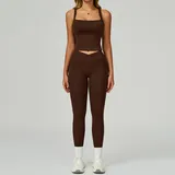 Coffee Women's Backless Cutout Yoga Tank Set Bare Feel Fitted Long Pants