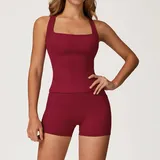Cherry Red Women's Bra Shorts Yoga Set Tank