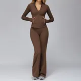 巧克力棕 Women's Tank Biker Shorts Yoga Set Jacket Wide Leg Pants
