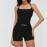 Jet Black Women's Bra Shorts Yoga Set Tank